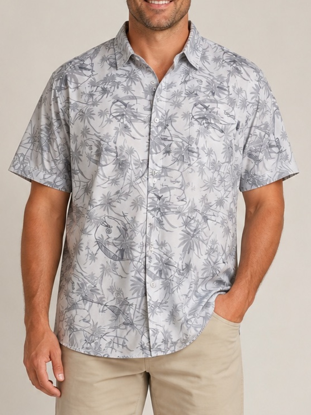 Huk Fishing Button Down Shirt 2XL Gray Fish Palm Print Short Sleeve